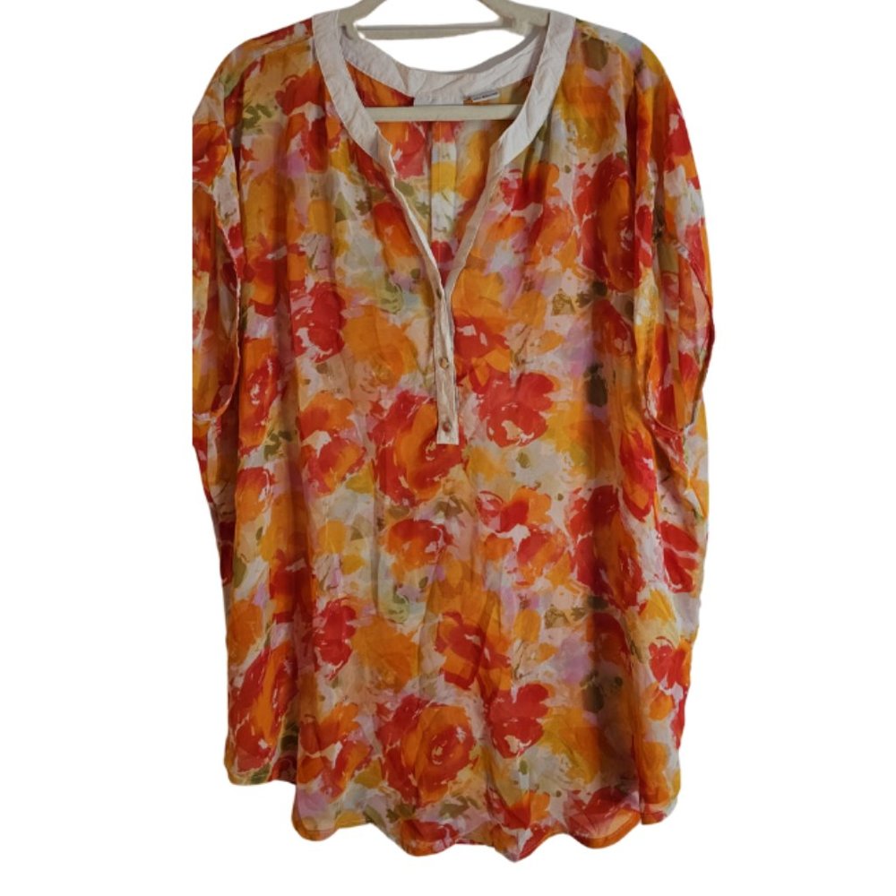 Liz Claiborne  Blouse Flower Detail Short Sleeve Tangerine Red Watercolor Sheer